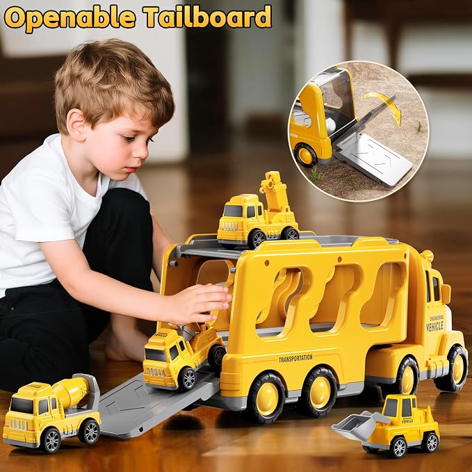 Construction Trucks Toys for 3 4 5 Years Old Boys - 5-in-1 Carrier Transport Vehicle Truck for Toddlers 3-4 Years with Crane, Mixer, Pushdozer and Excavator, Car Toys Birthdays Gift