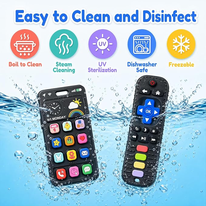 Baby Silicone Remote and Phone Teether, 2pack Teething Toy for Baby 3 6 12 18 Months, Baby's Chew Toys, Food Grade Silicone Teething Toys for Infants, BPA Free, for Babies Gum Relief