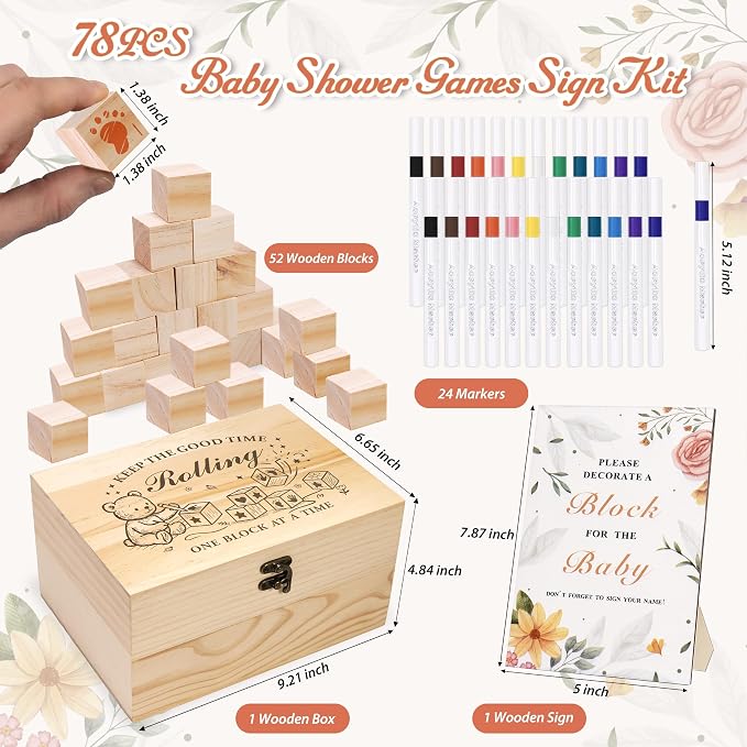 78 PCS Shower Games Sign Kit for Boys Girls, Wooden Box and Sign, Blank Wooden Blocks for DIY Drawing, Markers, Shower Game for Gender Reveal Activity, Shower Ideas Decorations, Bear A