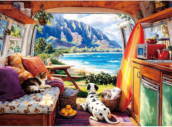 500 Piece Jigsaw Puzzle for Adults –Camper Van Dog Cat Jigsaw Puzzles 500 Pieces, RV Camping Puzzles for Adults 500 Pieces, Challenging Perfect for Game Nights, 20.5 X 15 in