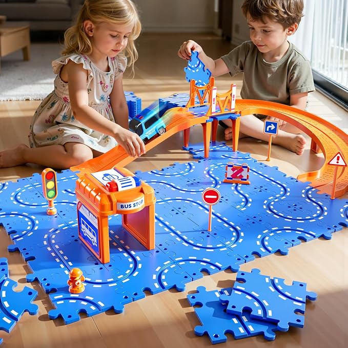 NIPLOOOW Puzzle Race Car Track Set for Kids 3-5, Floor Puzzle Track Car Set, Toddler Toys for 3 4 5 6 Years Old Boys, Toys Gift for Kids Boys Girls Age 3 4 5 6 7 8 Years Old