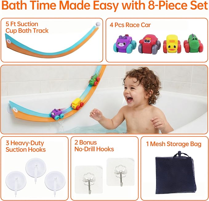 Resosese Race Car Bath Toys Set, 8-Piece Extra Long Flexible Bathtub Track Set with 4 Mini Cars, Suction Cups & Mesh Storage Bag, DIY Water Slide Toy Gift for Boys Girls Ages 3+