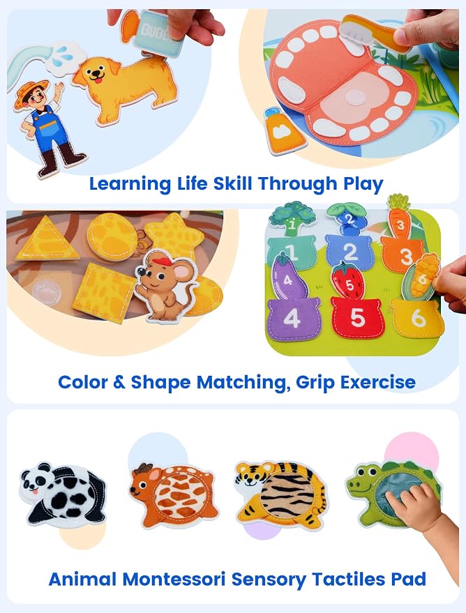 BizyKoady Montessori Busy Book for Toddlers 1-3, Felt Busy Board Dog Theme | Montessori toys, learning activity, Travel Toys, Fine motor, Independent quiet play, Soft felt, Boy Girl gift, CPC 12m+