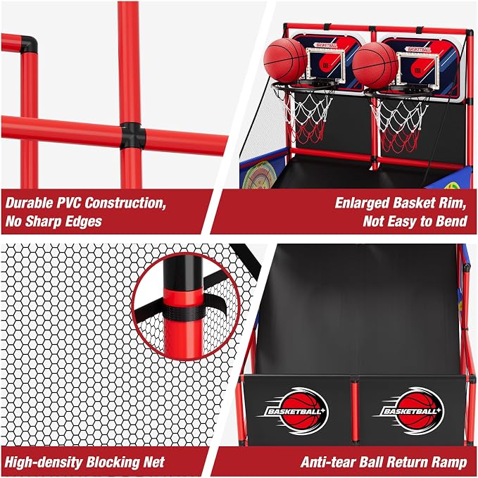 HYES 2 in 1 Dual Shot Basketball Arcade Game with 2 Dart Boards/Electronic Scoreboard/LED Light, Kids Basketball Hoop for Home Indoor Outdoor, Sport Toys for Boys Girls