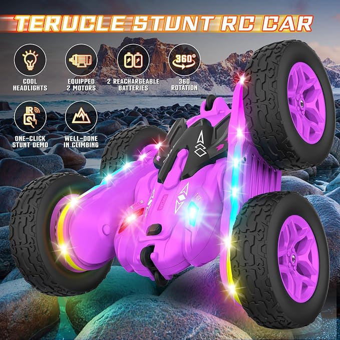 Terucle Remote Control Car, Rc Cars Stunt RC Car Toys New Upgraded Strip Lights and Headlights Girl Toys Double-Sided 360° Rotating 4WD Drift Truck for Boys Girls Birthday Gift (Purple)