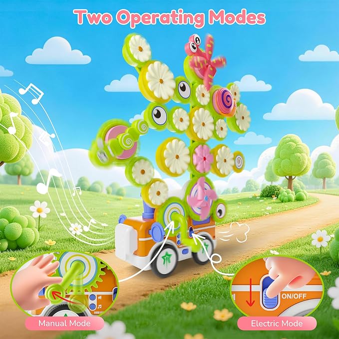 Gears Building Toys for Kids Ages 3+, STEM Construction Set for Toddlers, Train and Flower Models with Electric & Manual Modes, Lights and Music, DIY Educational Learning Toys Gift for Boys and Girls