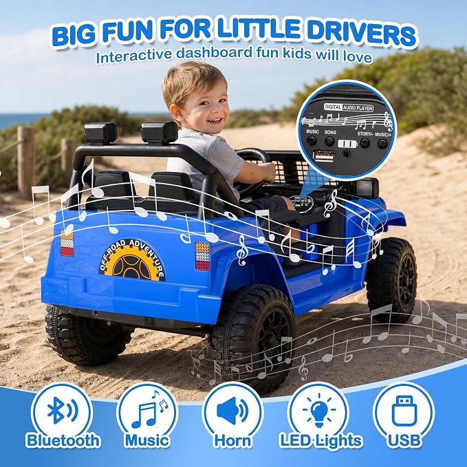 12V 7AH Kids Ride-On Truck Car, Electric Car with Parent Remote Control, Spring Suspension, LED Lights, Bluetooth, Music, Blue