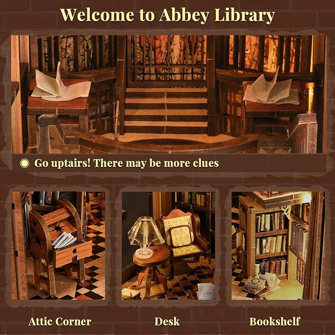 CCCDF Book Nook Kit, DIY Miniature Dollhouse Library Booknook Kit for Adults and Teens, Tiny House Bookshelf Decor with LED Light, Gifts for Family and Friends (Abbey Library)
