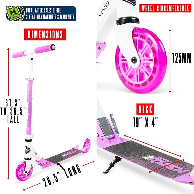 Kick Scooter for Ages 5+ - Kids, Teens & Adults. Max Load 220lbs. Foldable, Light-Up Wheels, Adjustable Height, Lightweight - Rush 125 Madd Gear