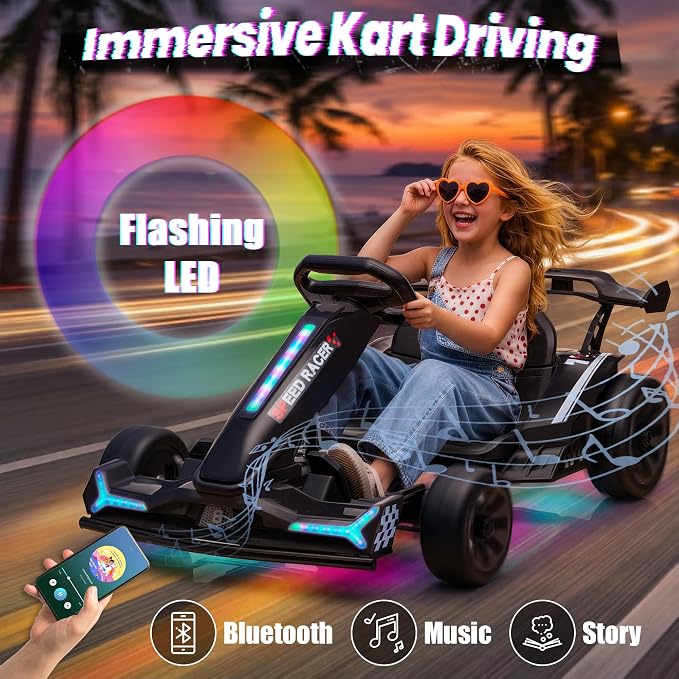 24V Electric Go Kart, Kids Drift Kart with Dual 400W Motors, Length Adjustable Seat, 8.2 MPH Max, 130LBS Max Load, Outdoor Ride on Toy Crazy Kart w/Bluetooth Music, Rainbow Light