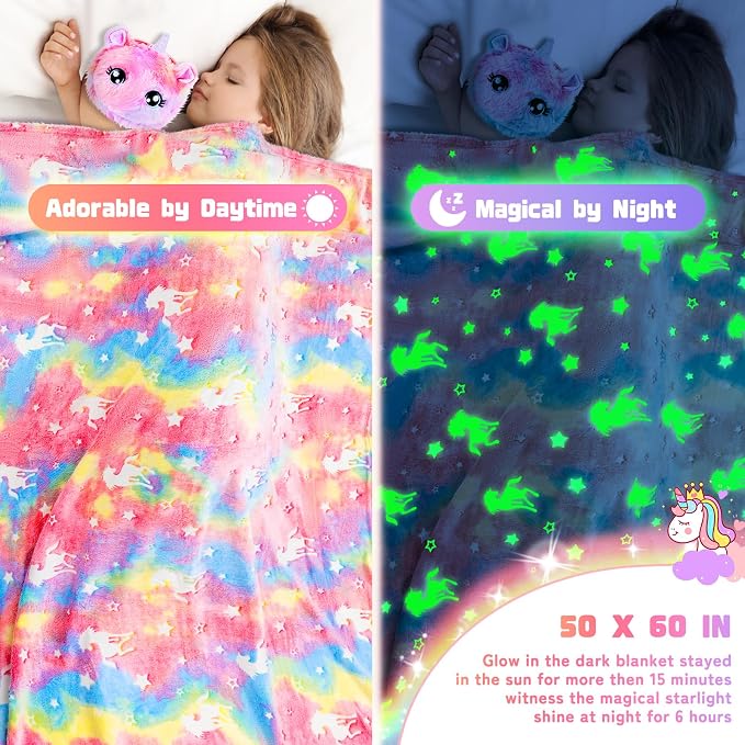 Unicorn Toys for Girls Kids Toys 5 6 7 8 9 10+ Years Old, Kids Unicorn Gifts with Glowing Blanket/ Water Bottle/ Eye Mask/Headband/Crossbody Bag/Sunglass/12PCS Birthday Gift for Girls 6-10+