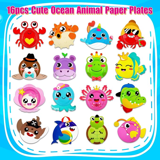 16 Pack Arts and Crafts for Kids, Toddler Crafts Animal Paper Plate Art Kit Gift for 3 4 5 6 Year Old Boys Girls DIY Kids for Birthday Party Favor Preschool Classroom Party Games