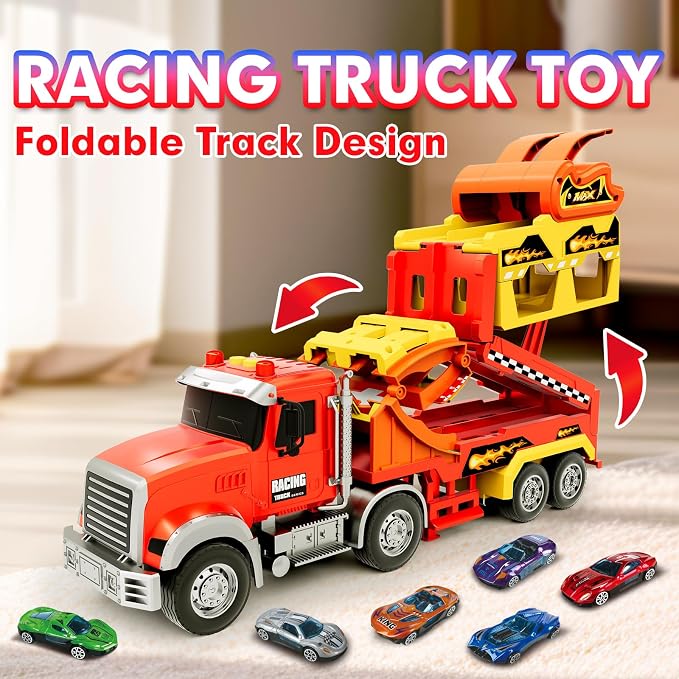 Truck Car Toys for 3, 4, 5, 6, 7, 8 Years Old Kids, Carrier Truck Race Track Toys, Foldable Transport Car Toys with Foldable Race Tracks and 6 Metal Cars, Birthday Gifts for Toddler Boys Girls (Red)