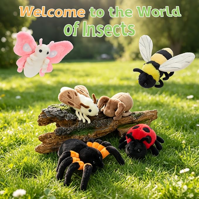 MorisMos 6 Pcs Insect Plush Toys Set, 6 Inch Cute Bug Stuffed Animals Butterfly Bee Moth Spider Ladybug Beetle Plushies, Bulk Insect Plush Collections for Kids, Birthday Classroom Prizes Christmas