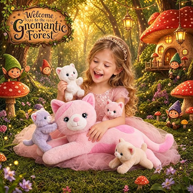 gnomantic Cat Stuffed Animals with Babies Inside, Mommy Toy for Kids | 5-Piece set: 1 mommy cat + 4 baby kittens inside. Unzip belly to reveal surprise babies. Ultra-soft, ages 3-8.