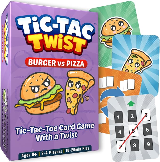 Tic Tac Twist Family Card Game for Kids, Teens & Adults | Quick & Easy Strategy Game for Game Night | Burger vs Pizza Tic Tac Toe with Fun Action Cards | Ages 8+ | 2-4 Players | 10-20 Min