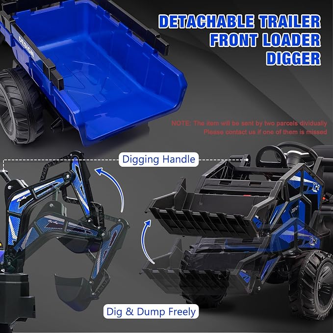 GarveeLife 3 in 1 Ride on Tractor, 24V Ride on Toy for Big Kids, Excavator Bulldozer - Battery-Powered Electric Vehicle w/Trailer, Digger, Remote Control, LED Lights, Music, USB, Battery Powered, Blue