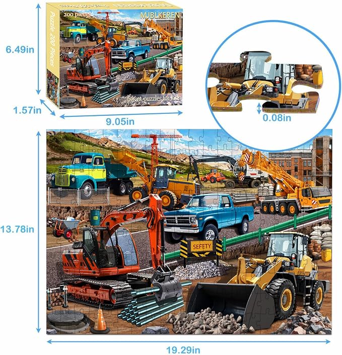 Puzzles for Kids Ages 6-8-10, Construction Site 200 Piece Puzzles for Kids,Fun Bulldozer & Truck Puzzle toyToys for Boys and Girls