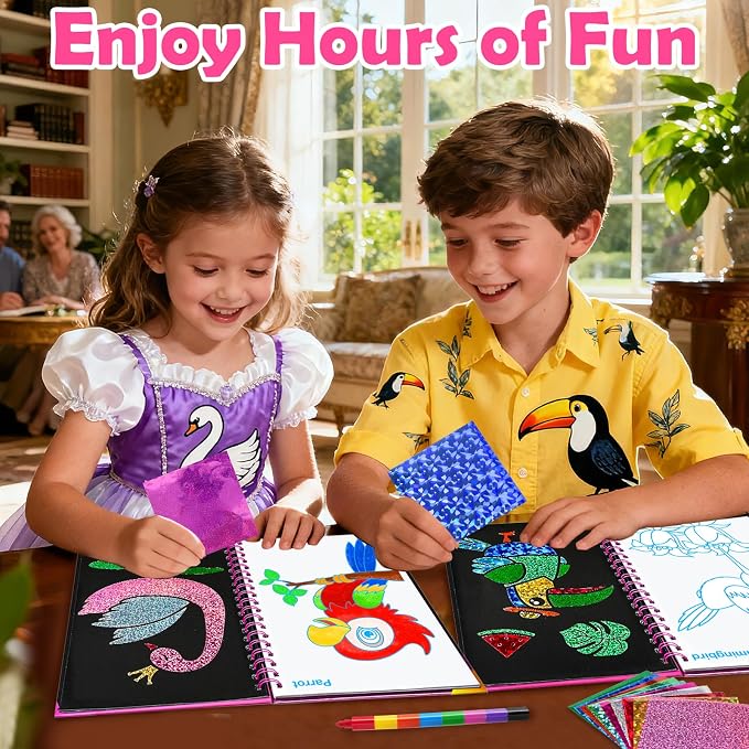 FUNNYB&G Foil Art Craft Kit for Girls 4-10 Years Old: Mess-Free & No-Glue, Create 16 Sparkly Birds Pictures – Perfect Travel Toy & Birthday Gift for Kids (Birds)