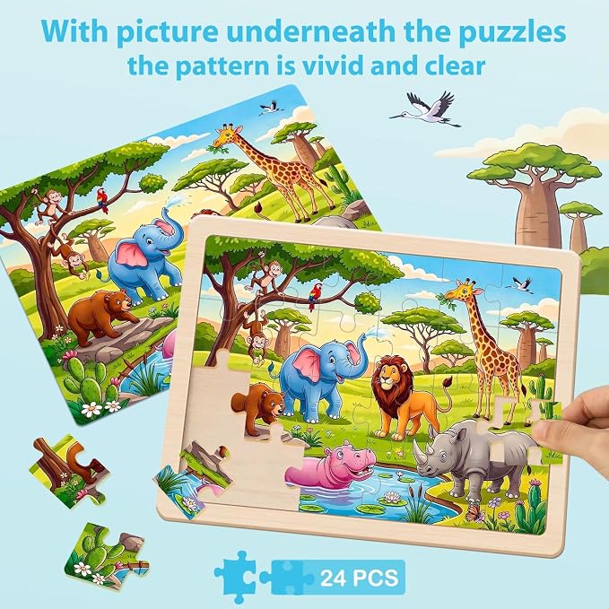 Puzzles for Kids Ages 4-6, 4 Packs 24 Pcs Animals Wooden Jigsaw Puzzles for Kids Ages 3-5, Preschool Educational Toys Gifts for Boys and Girls