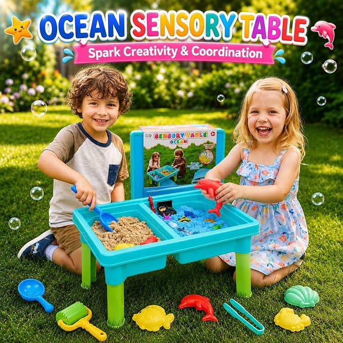 Carolart Ocean Sensory Table with Sands, Bin with Lid, Indoor Outdoor Use, Sand Art Kit for Boys and Girls, Toys for Toddlers Age 3-5, 17x11.5x10.2 Inches