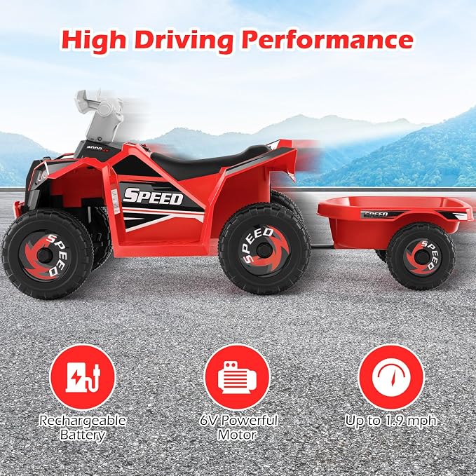 OLAKIDS 6V Kids ATV with Removable Trailer, Forward Backward Function, Widened & Wear-Resistant Wheels, Ride On Toy for Toddlers (Red)