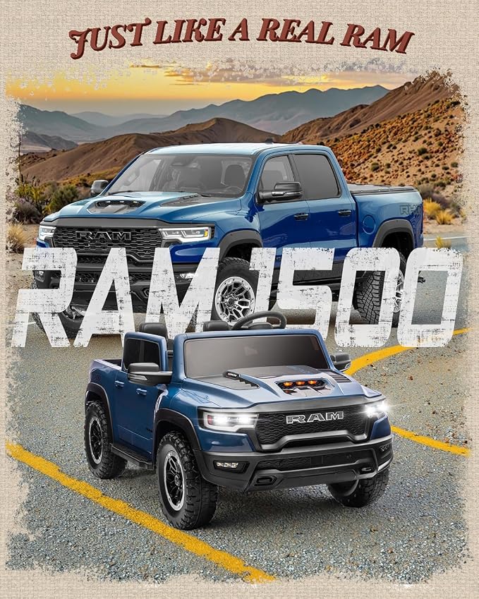 First Ride On 24V Ride On Toys for Big Kids, RAM 1500 RHO 2 Seater Ride on Car w/Remote, Battery Powered Truck w/ 4 Wheels Suspension, Toddler Car w/Bluetooth, LED Lights, Trunk & High Doors