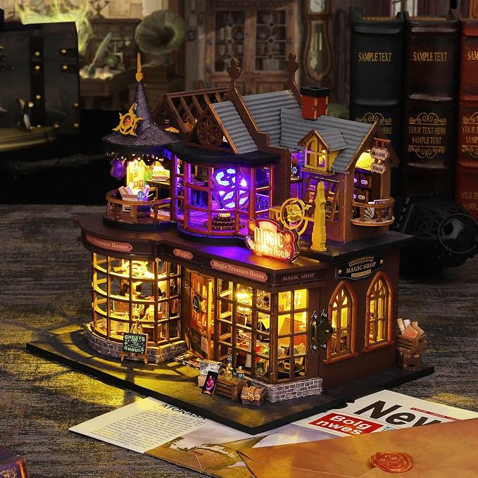 Plustopoy DIY Miniature House Kit Tiny House Model Kit with Open-able Door, DIY Wooden Dollhouse Miniature Kit for Adults Teens, Creative Crafts Book Nook Magic Model Kits, Home Decor