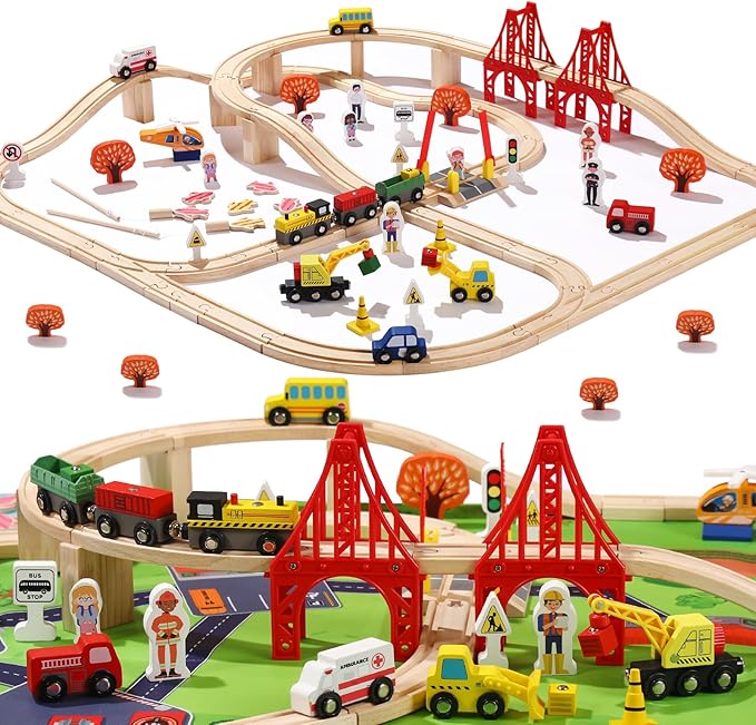 100 Pcs Wooden Train Track Set, Toy Train with Tracks for Kids Ages 3-10, Compatible with Major Brands, Railway Playset for Boys and Girls Birthday Gift
