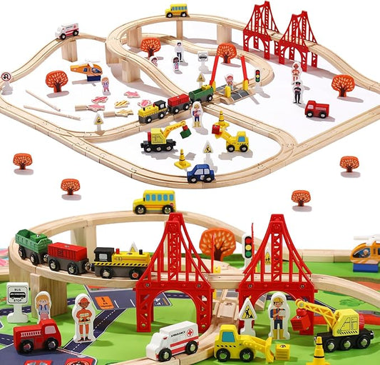 100 Pcs Wooden Train Track Set, Toy Train with Tracks for Kids Ages 3-10, Compatible with Major Brands, Railway Playset for Boys and Girls Birthday Gift