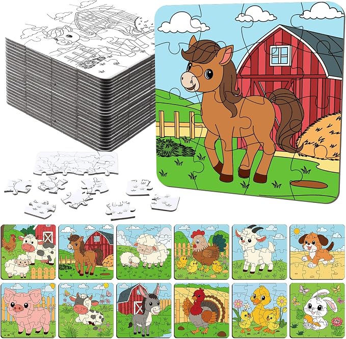 Realspring 24 Pack Farm Animal Color Your Own Jigsaw Puzzles for Kids 3-5, 4-6, 6-8, Coloring Crafts DIY Paper Puzzles Party Favors Gifts for Toddler Children Learning Education Toys