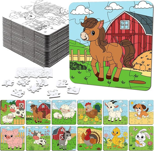 Realspring 24 Pack Farm Animal Color Your Own Jigsaw Puzzles for Kids 3-5, 4-6, 6-8, Coloring Crafts DIY Paper Puzzles Party Favors Gifts for Toddler Children Learning Education Toys