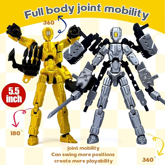 T13 Assembly Completed Action Figure Set, Multi-Jointed Movable 3D Printed Robot Toy, Cool Desktop Decoration Collectible Gift for Game Lovers (Gold and Gery)
