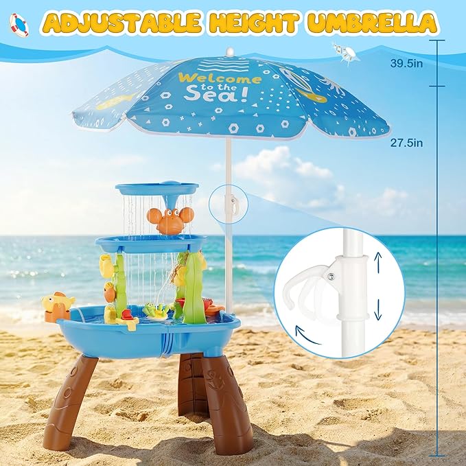 Kids Sand Water Table for Toddlers with Umbrella/Water Pumb, 3-Tier Outdoor Water Sand Play Table Beach Toys, Summer Splash Activity Sensory Table Party Birthday Gift for Kids 3 4 5 6 7 8