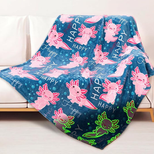 ORDM Axolotl Gifts for Girls Blanket, Glow in The Dark Blanket Axolotl Toy, Birthday Gifts for Teen Girls, Kids Toddler Cute Salamander Room Decor 60"x80"