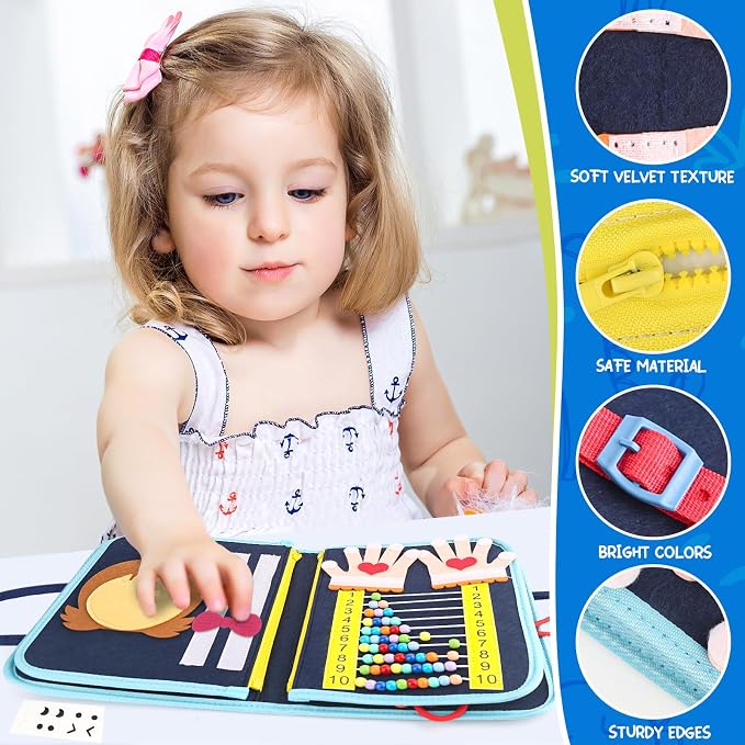 Toddler Busy Board, Montessori Sensory Toys for Boys, 1-4 Year Old Girl Toddler Travel Toys, Educational Learning Activities Board for Motor Skills, Birthday Gifts for Airplane Car, Blue Dinosaur
