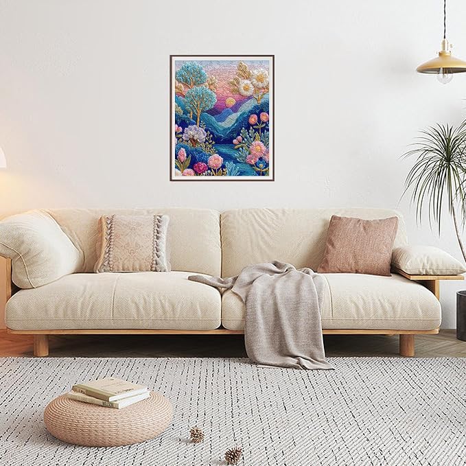 Wooden Jigsaw Puzzles for Adults, 500 Pieces Embroidered Flower Landscape Art Puzzle, Unique Shaped Pieces, Challenging Nature Scenery Puzzles, 15.2" x 18.1"