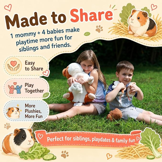 Guinea Pig Stuffed Animal with Babies, 19.7 Inch Mommy Guinea Pig Plush Toy Set with 4 Baby Guinea Pigs, 5 Piece Soft Plush Animals with Zipper Belly, Gift for Kids Girls Boys
