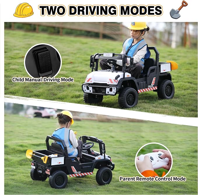 TOBBI 12V Electric Kids Dump Truck Toy, Toddlers Ride On Car with Parent Remote Control, Battery-Powered 4 Wheels Off-Road Vehicle to Drive with Auto Trailer/Horn/LED for Chirdren 3-8 Years-White
