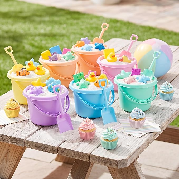 Lunmon 18 Pcs Beach Toys for Kids 6 Set Sand Buckets Shovels Bulk Pastel Beach Balls Inflatable Sand Toys for Girls Boys Toddlers Games Birthday Summer Pool Party Favor (Macaron, Cute)