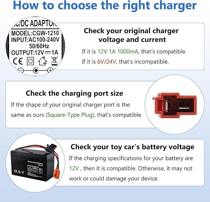 12V Battery Charger for Ride On Car Toy, Compatible with BMX X6, Kid TRAX GMC, Wal-Mart, Moto ATV Quad, Electric Vehicle Power Adapter with Square Plug