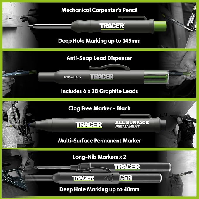 Tracer 5 Piece Construction Marker Kit - Deep Hole Carpenter Pencil Set with 2 Deep Hole Marking Pens, Heavy Duty Clog-Free Marker, 2.8mm Replacement Leads & Storage Case for Woodworking Tools