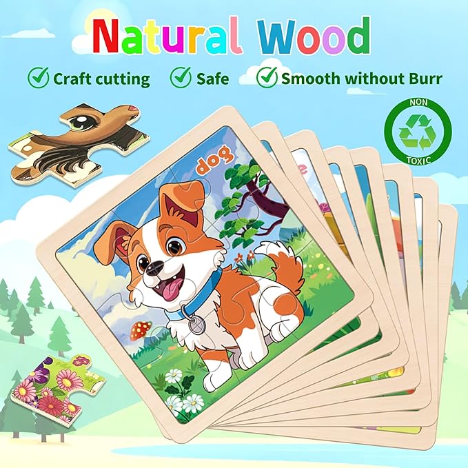 Wooden Farm Puzzles for Toddlers, 8 Pack 9 PCS Jigsaw Puzzles for Kids, Wooden Puzzles for Toddlers 3-5, Animal Puzzles for Kids 3-5, Preschool Puzzles Learning Educational Sets Toys