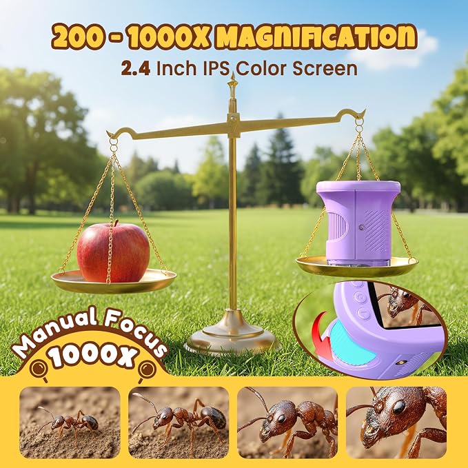 Handheld Digital Mini Microscope for Kids: 1000X 4K Portable Pocket 2.4" Screen Microscopes Toys STEM Electronic Learning Educational Science Kit 8-12 Birthday Gift 4 5 6 7 Year Old Boy Girl (Purple)