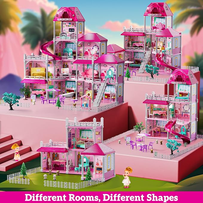 JUKUDAHU Villa Playset for Girls Ages 3-7, Indoor Playset Girls Toys for Ages 6-8 with 4 Storeys 11 Rooms 2 Dolls, Furniture and Accessories, Pretend Toddler Toy, Birthday Gifts for Kids 3 4 5 6 7 8