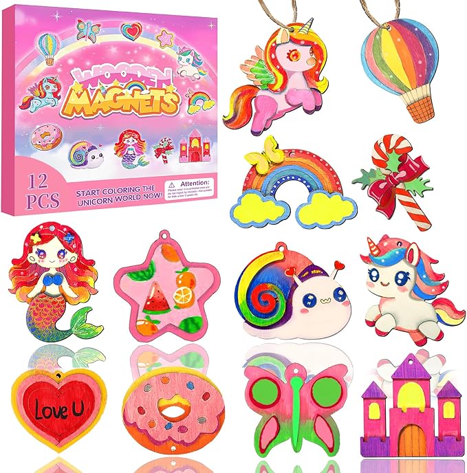 12 DIY Unicorn Wooden Magnets - Arts Crafts Painting Kits For Kids, Creative Art Supplies Paint Gift For Birthday Party Favors Family Easter Crafts Decorations Unicorn Toys For Girls Boys Ages 4-12