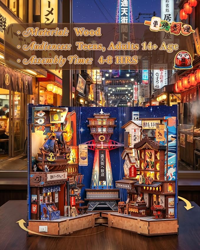 CUTEBEE Book Nook Kit - Japanese Foldable DIY Miniature Dollhouse, Warm LED Bookshelf Alley Decor Model, Building Kit Gifts for Adults Teens Family Friends (Tsutenkaku Ichiban Street)