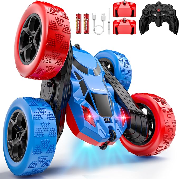 Hamdol STEM Remote Control Car for Kids, 360° Spinning Double-Sided Coloured Design RC Stunt Car with LED Lights, USB-C Rechargeable Educational Toy for Boys Ages 6–12, Ideal Birthday