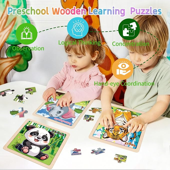 Wooden Animals Puzzles for Toddlers, 8 Pack 9 PCS Jigsaw Puzzles for Kids, Wooden Puzzles for Toddlers 3-5, Animal Puzzles for Kids 3-5, Preschool Puzzles Learning Educational Sets Toys
