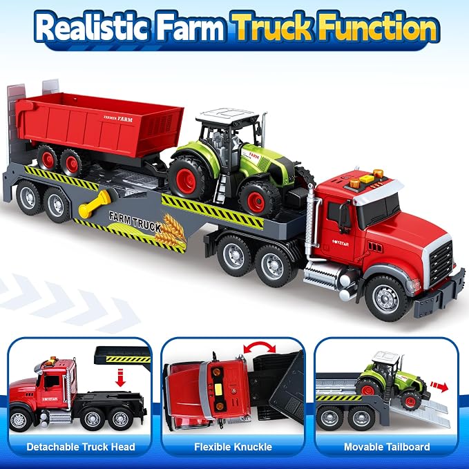 SpringFlower 21“ Extra Large Truck Toy, 3 4 5 6 Boys Toys with Tractors and Dump Truck, 3 in 1 Vehicle Toy with Sounds & Lights, Christmas Birthday Gift Kids Boy Toddlers Age 3 4 5 6 7